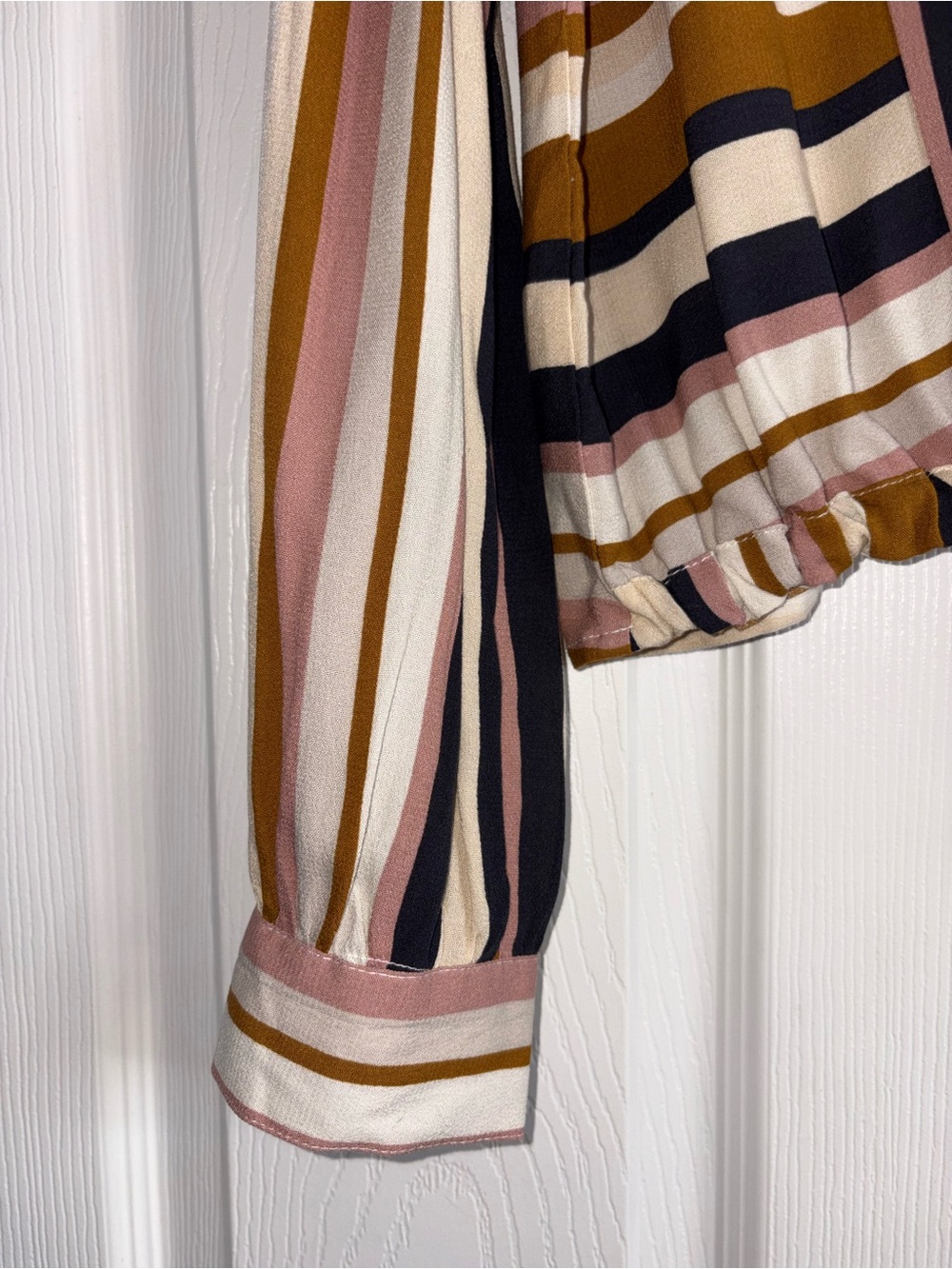Altar'd State Striped Tie-Front Blouse in Mustard, Blush & Navy - Picture 3 of 11